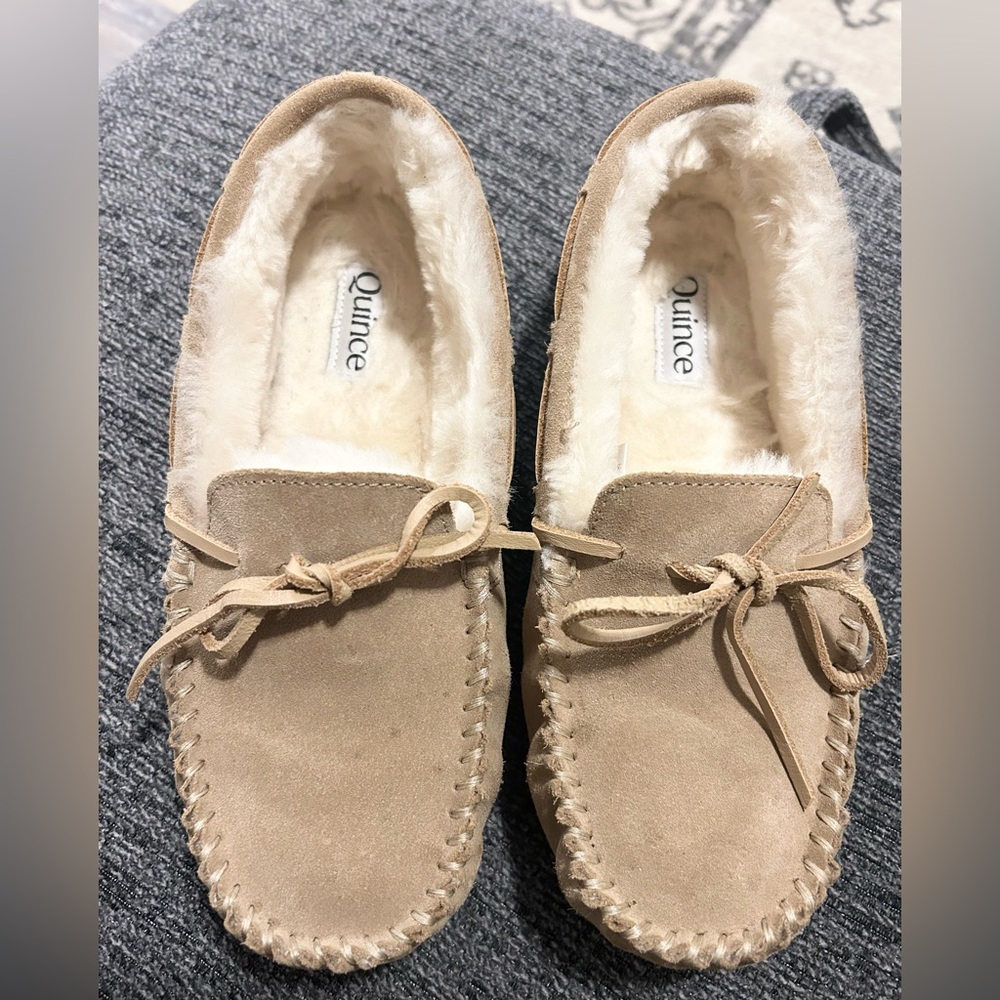 Quince Beige Suede Moccasin Slippers shearling